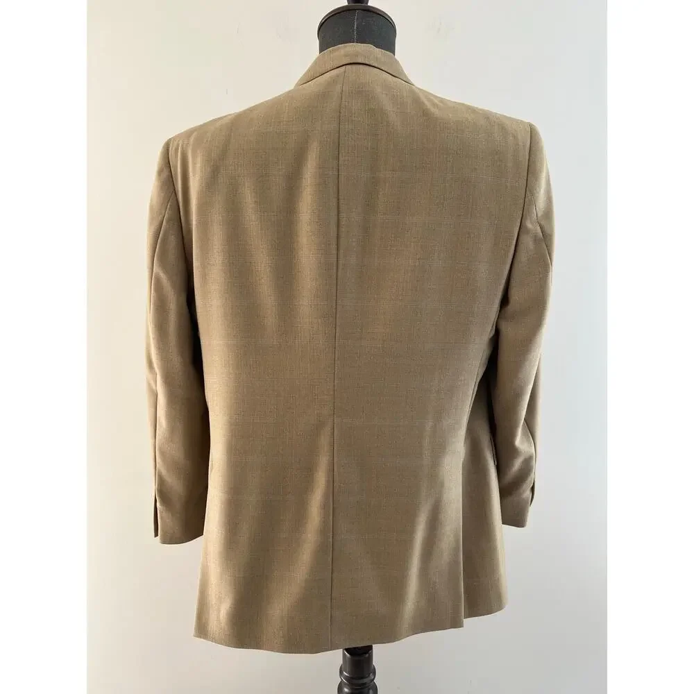 Hart Schaffner Marx 3 Button Suit Jacket Blazer Tan w Blue Windowpane 42S SG